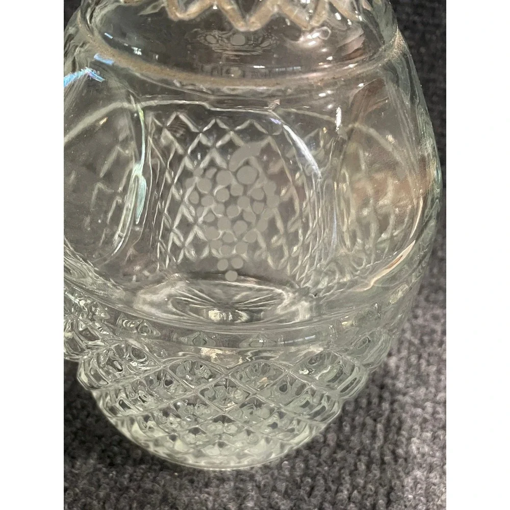 Vintage Etched Glass Decanter Crown and Grapes Diamond Pattern with Stopper 10in